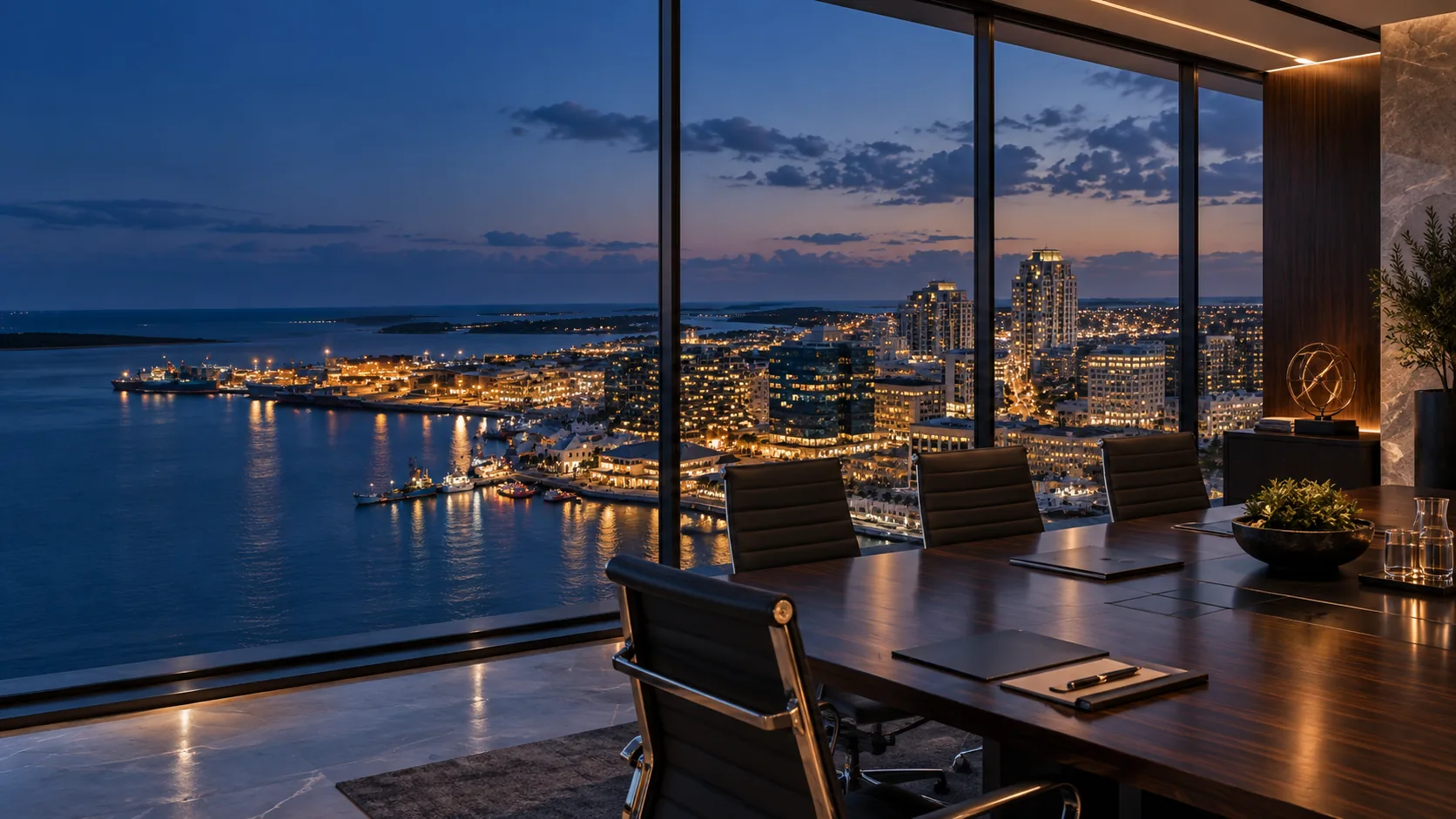 Nassau harbour and city lights at dusk seen from an executive boardroom